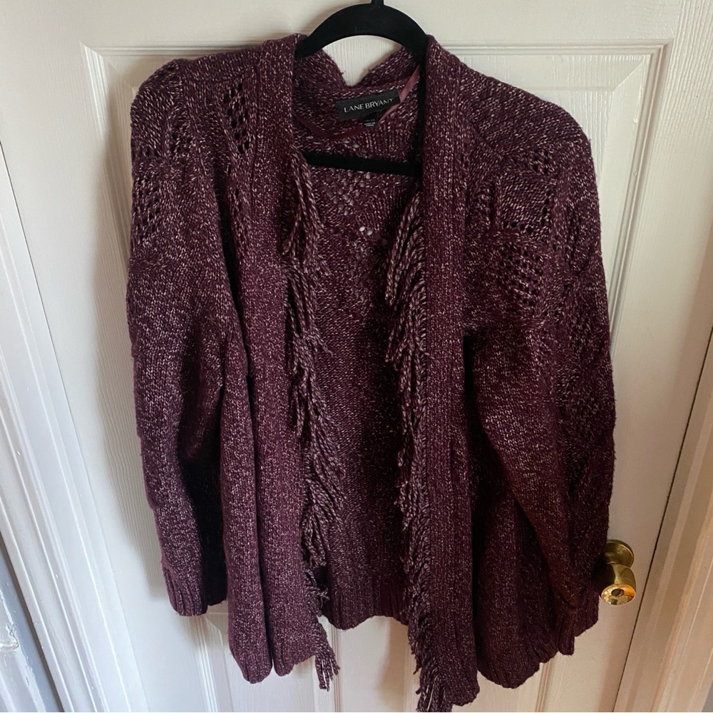 Lane Bryant Plum Purple Print Fringe Trim Cardigan Size 18 / 20